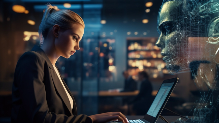 Vrouw werkt aan laptop naast kunstmatige intelligentie visualisatie.
