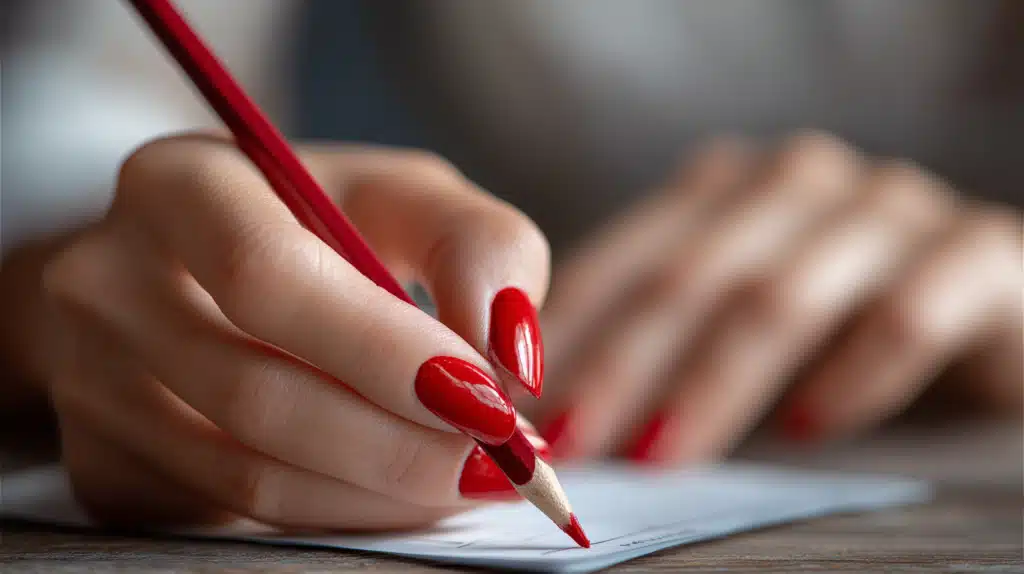 Hand met rode nagels schrijft met rood potlood.