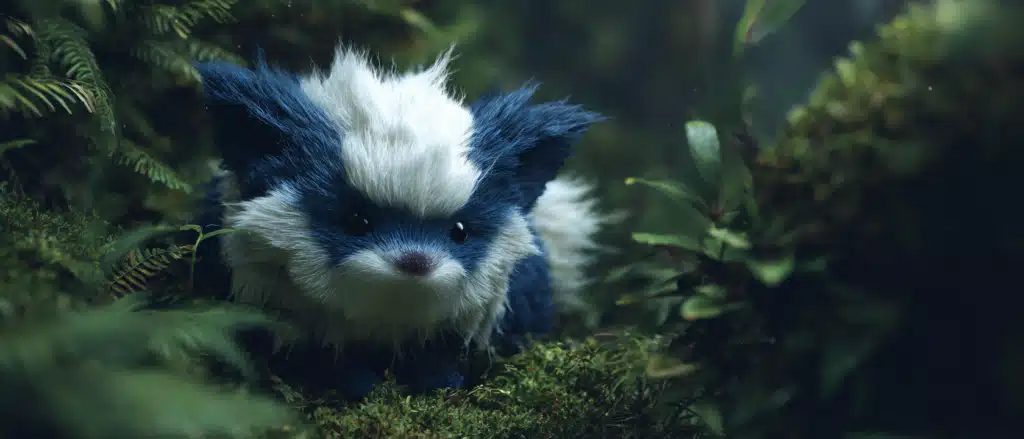 Schattig blauw-wit knuffelbeest in bos
